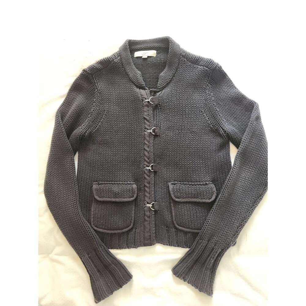 LOFT Dark Blue Chunky Knit Cardigan Sweater Hook and Eye Closure Small EUC